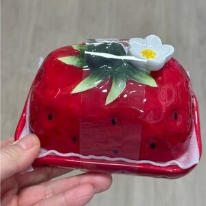 Strawberry Ceramic Butter Dish with Flower Accent - Red & Green